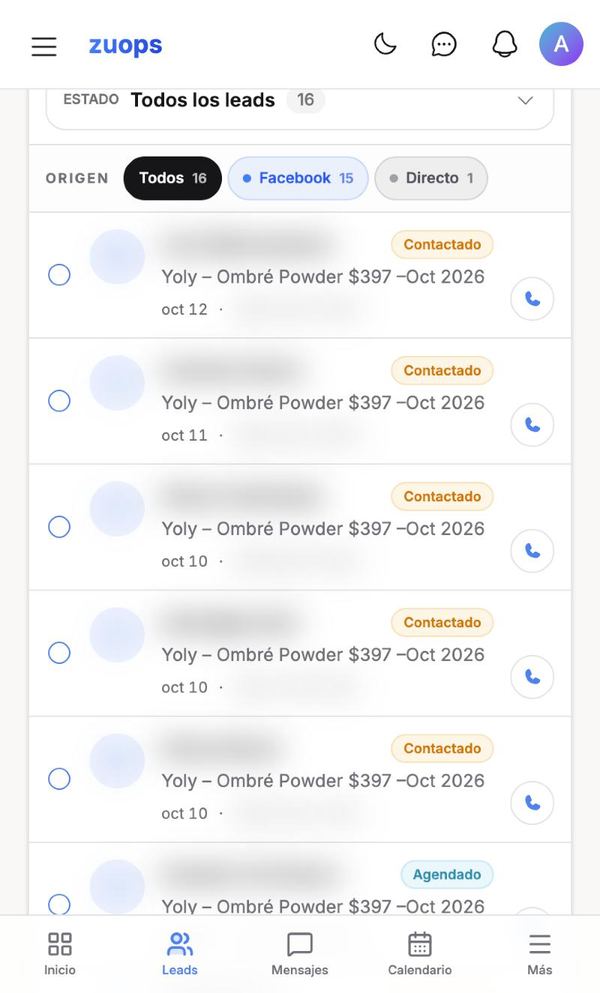 Lista de clientas interesadas de Yoly Brow Studio en Zuops (datos difuminados)